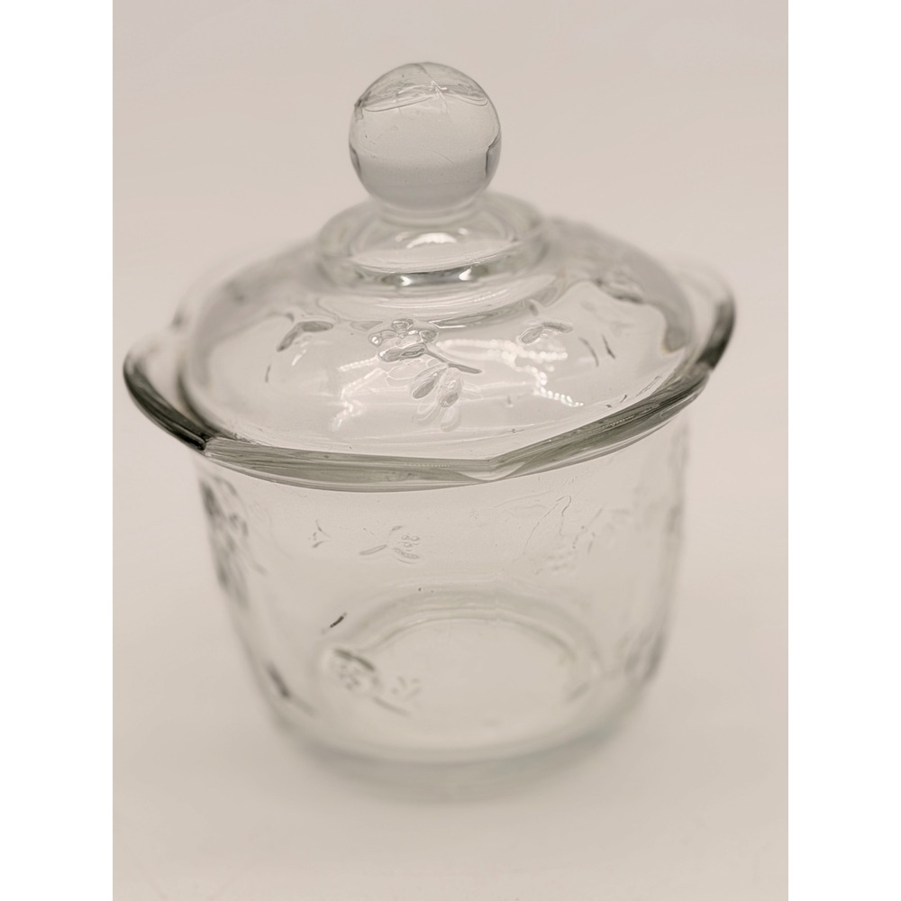 Vintage Clear Glass Floral Embossed Sugar Bowl with Lid Scalloped Rim 4 Inch